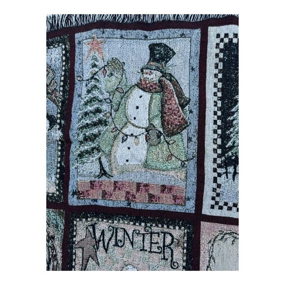 Snowman Winter Tapestry Throw Blanket 58" X 41" Woven Fringed Edges Christmas De - Picture 7 of 11